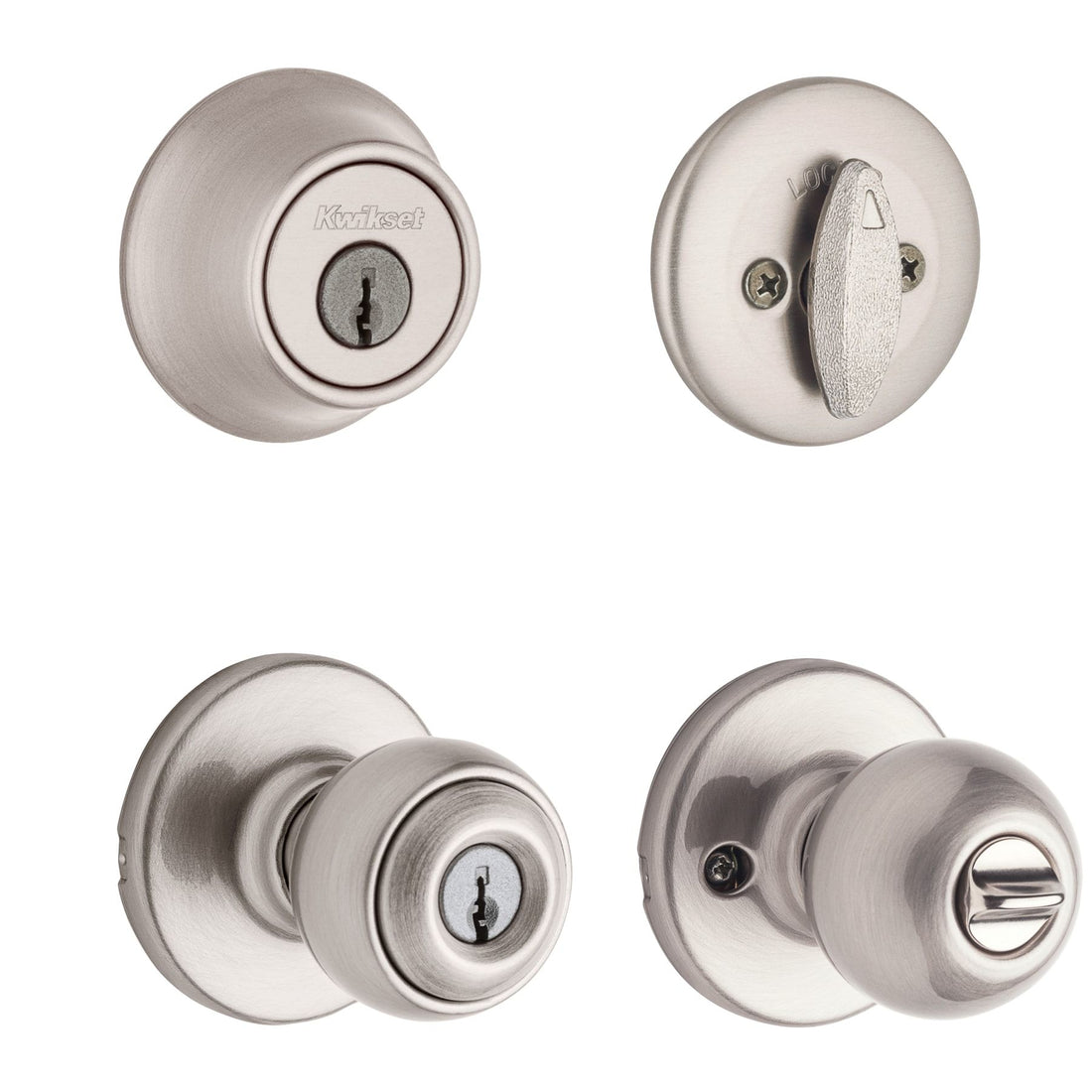 Kwikset Polo Satin Nickel Exterior Single-Cylinder Deadbolt and Keyed Entry Door Knob Combo Pack