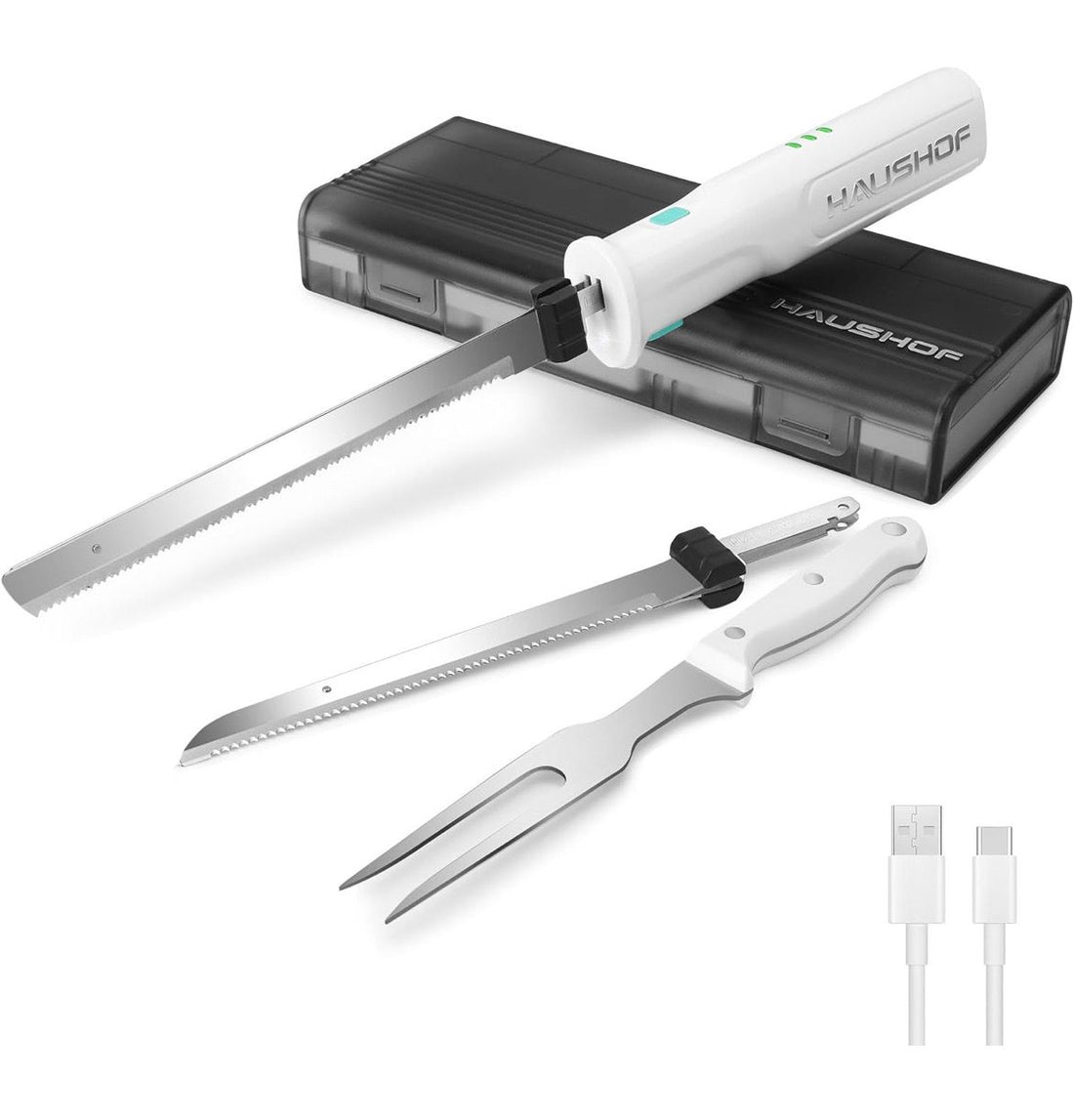 HAUSHOF 8V Cordless Electric Knife, Electric Carving Knife 20cm and Fork, Electric Carving Knife for Meat 2000mAh, Ideal for Slicing Meat, Bread, Cheese(White)