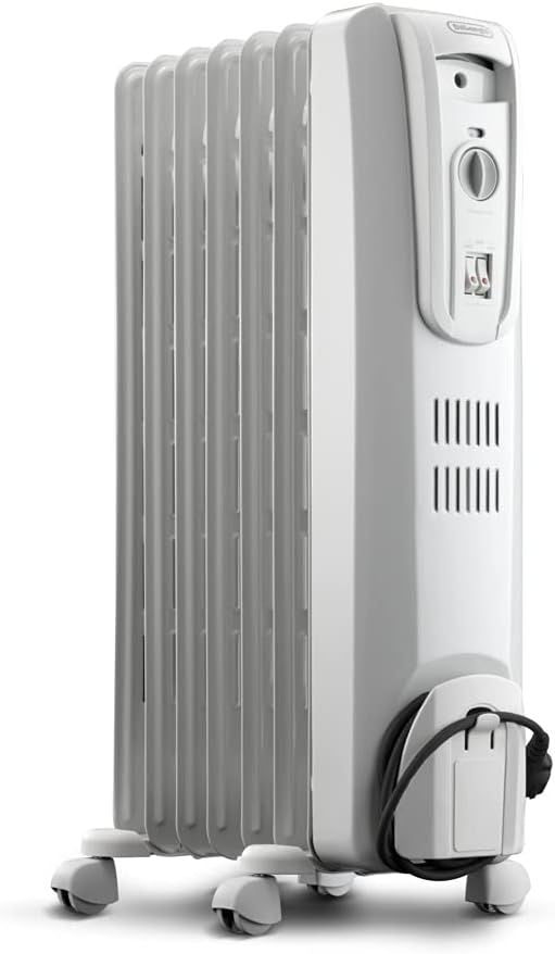 De\'Longhi Oil-Filled Radiator Space Heater, Full Room Quiet 1500W, Adjustable Thermostat 3 Heat Settings, Energy Saving, Safety Features, Light Gray, TRH0715CA