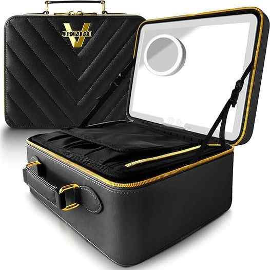 JENNI V Upscale PU Leather Makeup Bag with Light Up Mirror