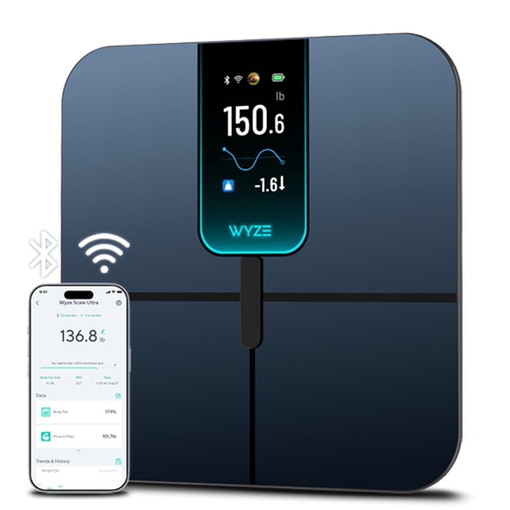 Wyze Scale Ultra, Smart Scale with 4.3 Color Display, Digital Bathroom Scale for Body Weight BMI Muscle Mass Composition, Wi-Fi & Bluetooth Body Fat Scale with Heart Rate, 400 lbs (Black)