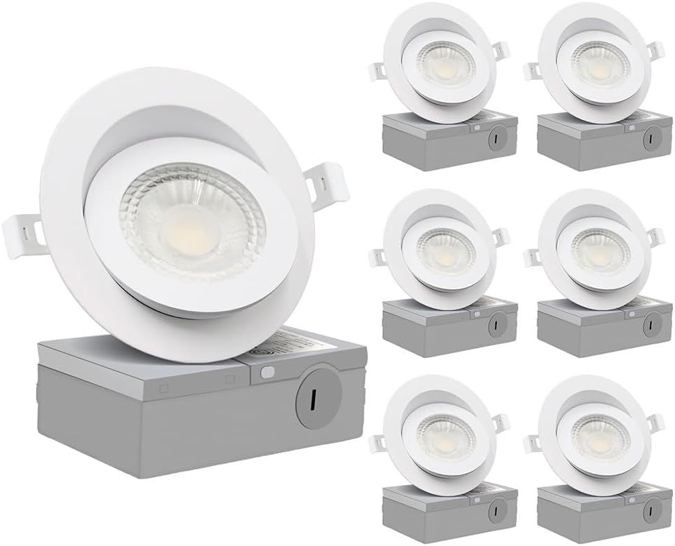 GCN LIGHT Gimbal 3000K 4000K 5000K Adjustable 9W 4 Inch 900LM Dimmable LED Recessed Pot Light, ETL Energy Star Listed IC Rated LED Slim Panel/Downlight with Junction Box, 6 Pack