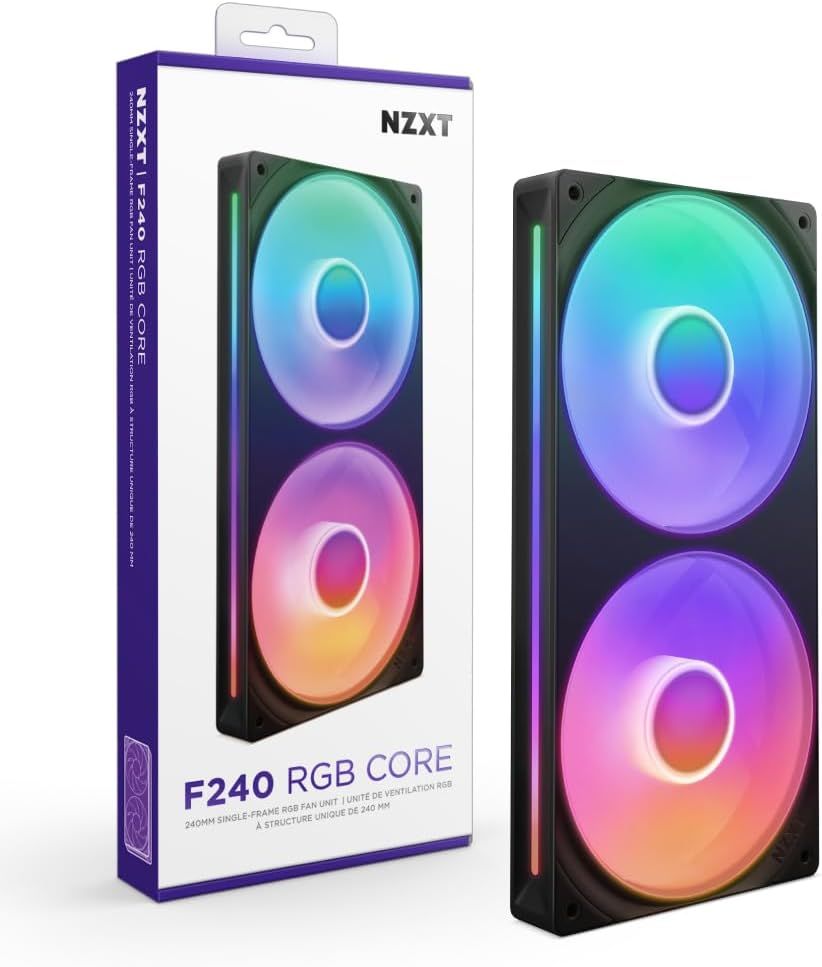 NZXT F240 RGB Core - 240mm Single-Frame Fan Unit with 2 x 120mm RGB Fans - Speed & Lighting Control - High Static Pressure & Airflow - Fluid Dynamic Bearings - 8 aRGB LEDs Per Fan - Black