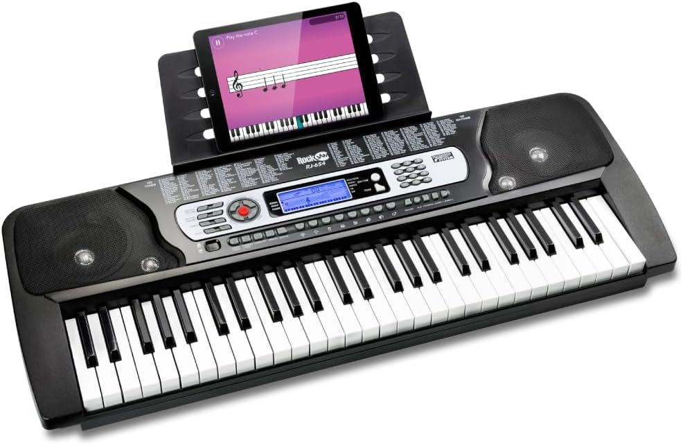 54-Key Digital Piano Keyboard with Simply Piano App, 350 Sounds & Rhythms, LCD Backlit Display, & Keynote Stickers