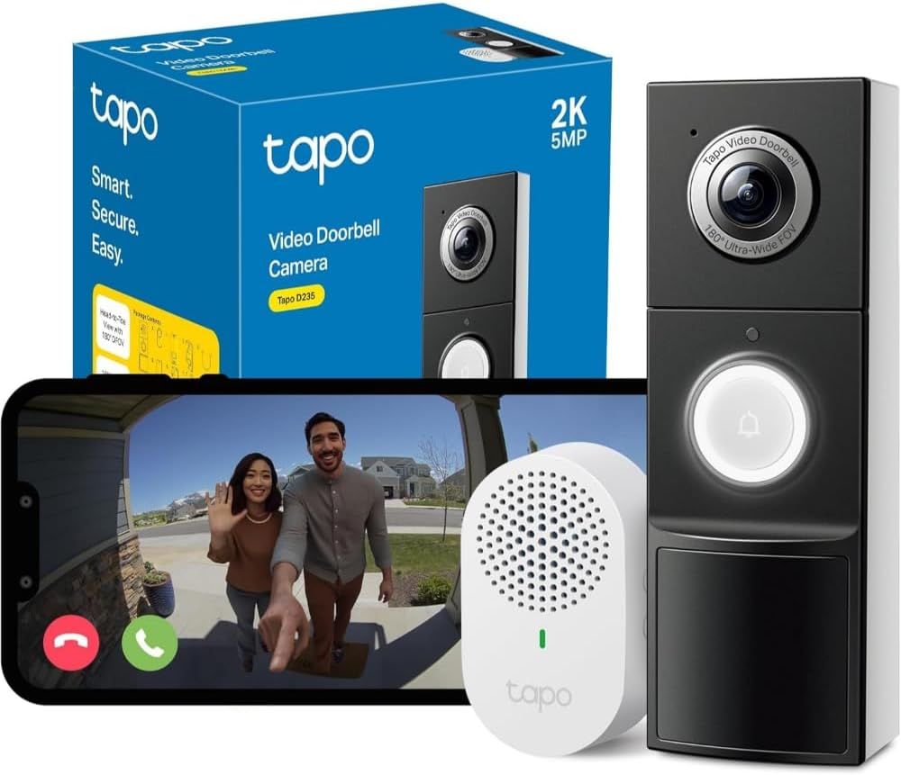 TP-Link Tapo Smart Video Doorbell Camera with Chime, Battery or Wired, 2K 5MP Color Night Vison, No Monthly Fee, 180° Ultra-Wide Head-to-Toe View, Free AI Detection, Cloud & Local Storage (Tapo D235)