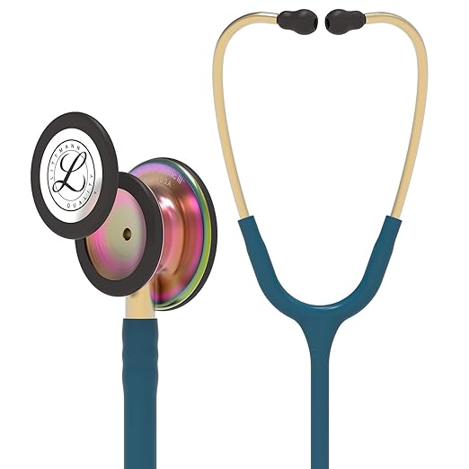 3M Littmann Classic III Monitoring Stethoscope, 5807, More Than 2X as Loud*, Weighs Less**, Stainless Steel Rainbow-Finish Chestpiece, 69 cm (27) Caribbean Blue Tube, Brass Stem, and Headset