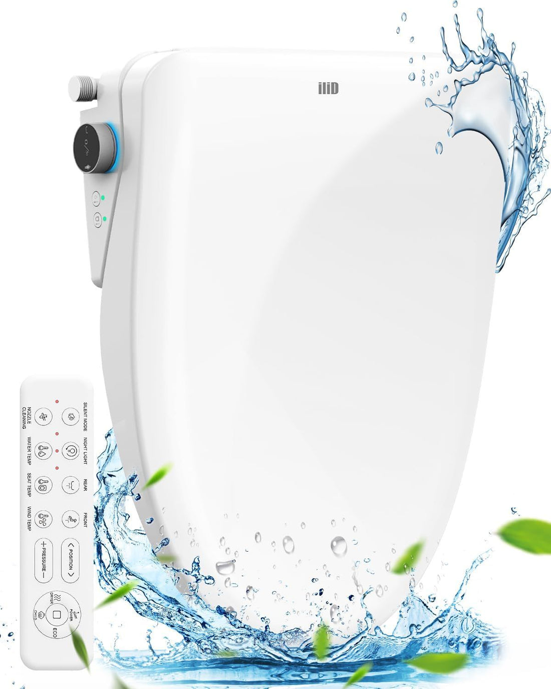 iliD Electric Bidet Bidet, Toilet Seat, Elongated Ecoseat with Four Cleaning Modes, Adjustable Angle and Pressure, Remote Control, Slow Close Lid, Easy Installation