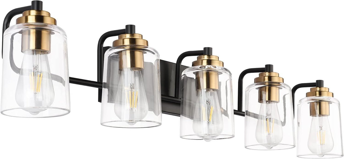 SOLFART Vintage Wall Bathroom Vanity Light Black Metal with Clear Glass Bronze Fixtures Wall Mount Lighting Sconce (7600-5 Lights)