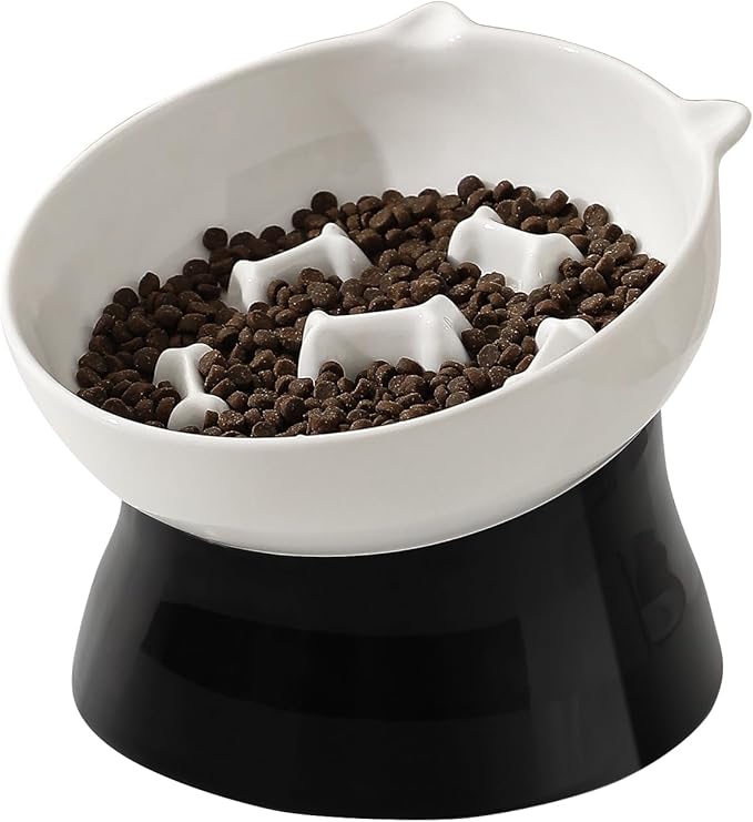 Elevated Cat Slow Feeder Bowl - Ceramic Cat Bowl Slow Eating - Cat Puzzle Feeders - Tilted Raised Cat Food Bowl Anti Vomiting - Whisker Friendly Cat Feeding Bowl - Dishwasher Microwave Safe - 6 Inch