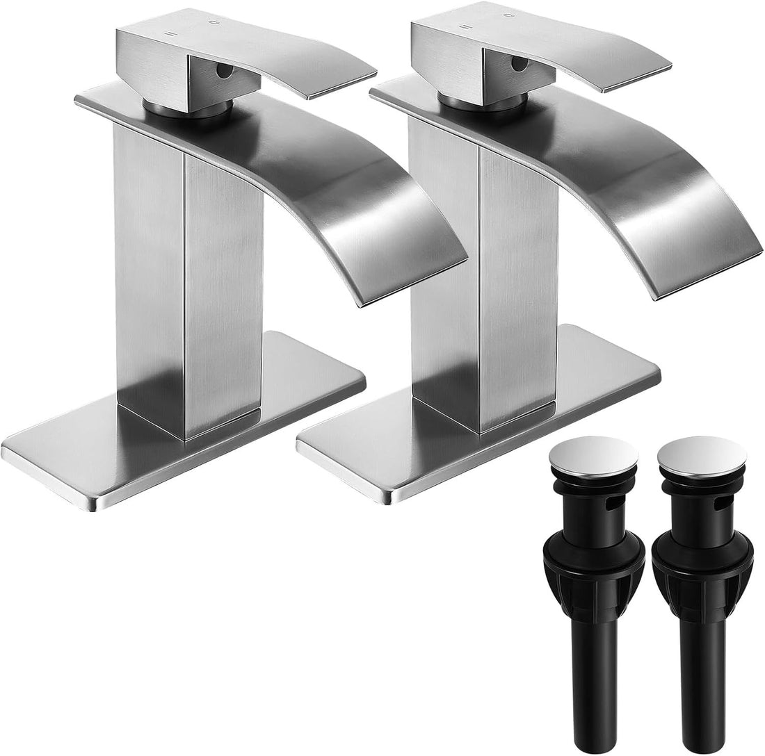 Fransiton Bathroom Faucet Bathroom taps 1 or 3 Hole Bathroom Sink Faucet Single Handle washroom Waterfall Faucet with Deck and Pop-up Drain (Brushed Nickel- Set of 2, Short)