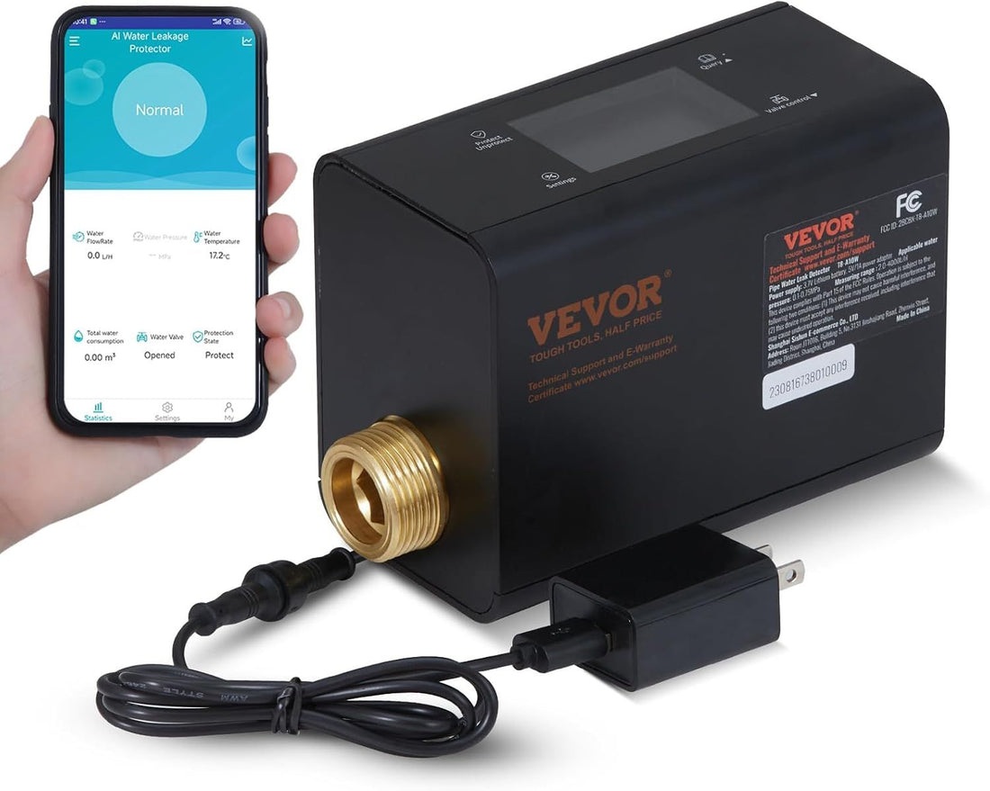 VEVOR WI-FI Smart Water Monitor and Automatic Shutoff Detector, Home Water Leak Detector for 3/4 NPT Diameter Pipe with 2.0-4000 L/H Measure Range, with App Alerts