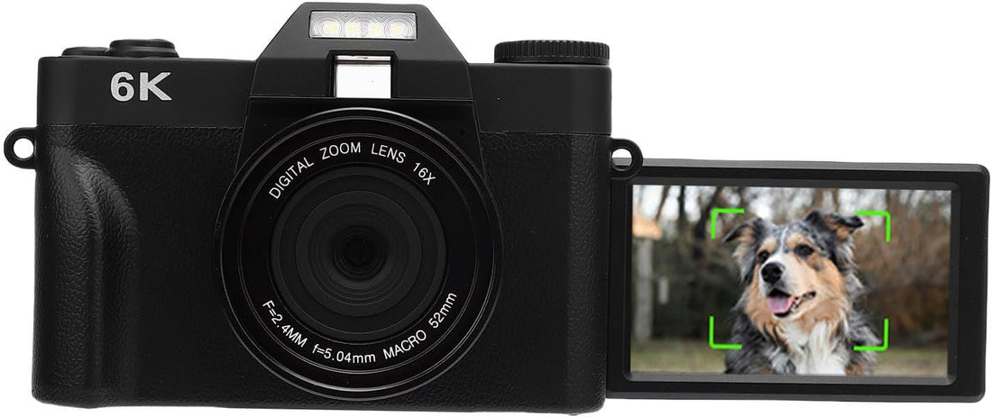 Ultra High Definition Screen, 6K Video Recording Autofocus Camera 64MP CMOS Sensor, 16X Digital Zoom, 3.0 Inch Flip Screen, WiFi Transfer (Black)