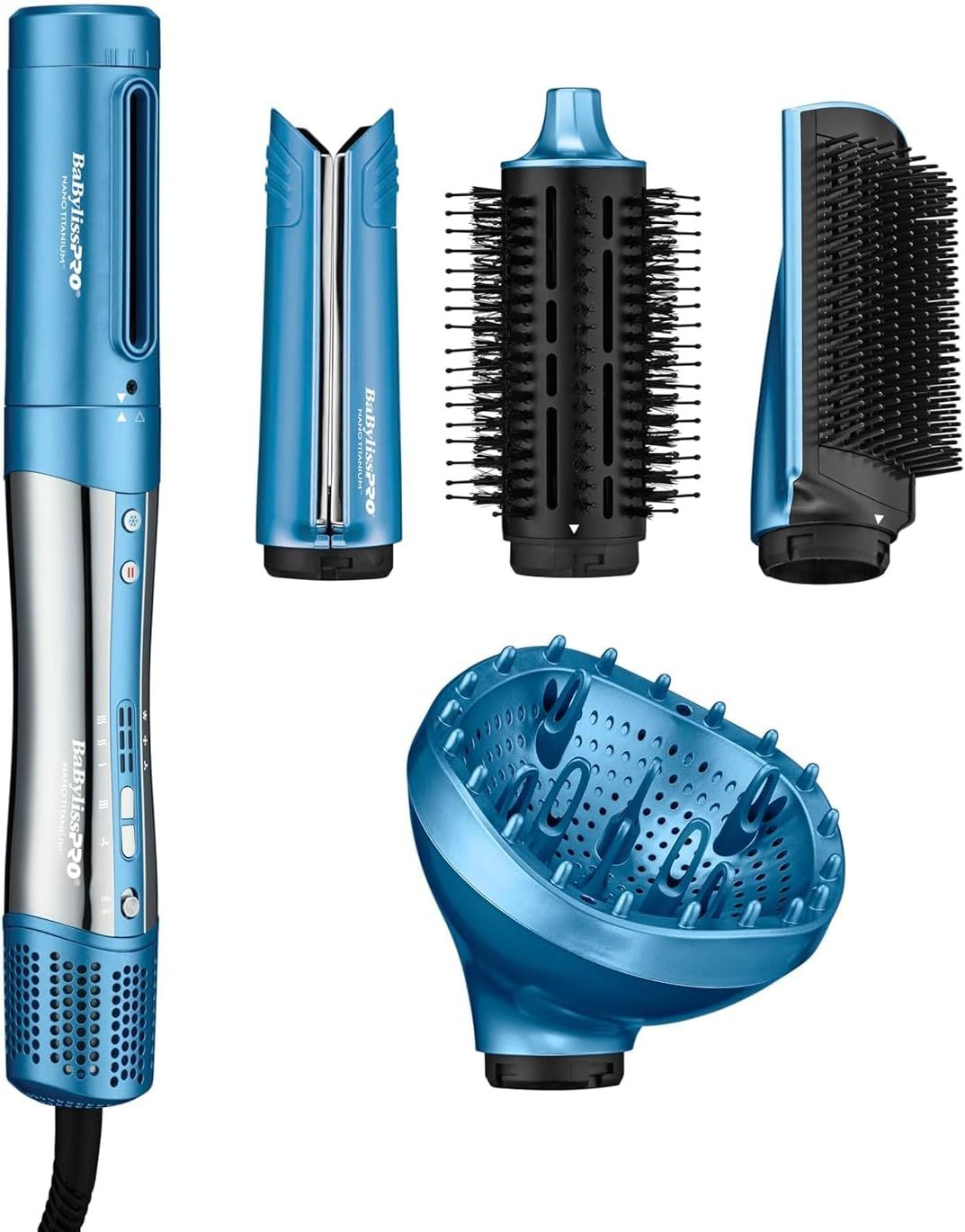 BaBylissPRO Nano Titanium Style/Switch Ionic Blue 5 in 1 Multi-Styler & Hair Blow Dryer Attachments Include-Dryer, Paddle Brush, 1-3/4 Round Brush, Diffuser & Smoothing Attachment, Cold Shot, Hot Air Styler, Dual Voltage