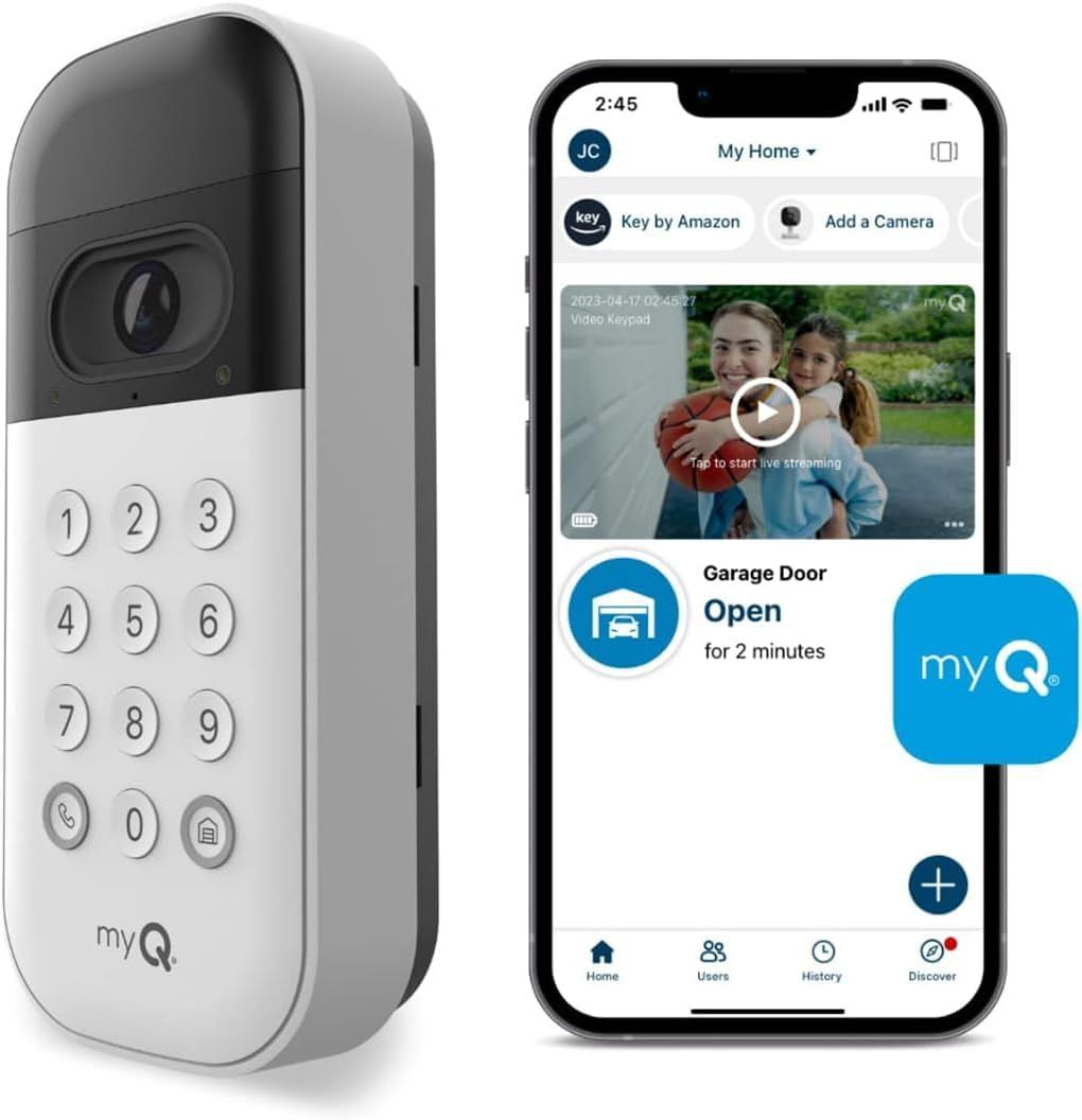 Open Solutions Canada, myQ Smart Garage Door Video Keypad with Wide-Angle Camera, Customizable PIN Codes, Smartphone Control - Access Works with Chamberlain, LiftMaster and Craftsman Openers, White