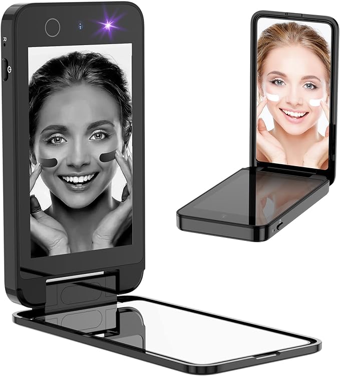 Compact & Portable UV Mirror, 4 Inch Vanity Mirror with UV Camera for Testing Sunscreen, Rechargeable Travel Makeup Mirror Handheld Double-Sided Pocket Mirror for Skin Protection