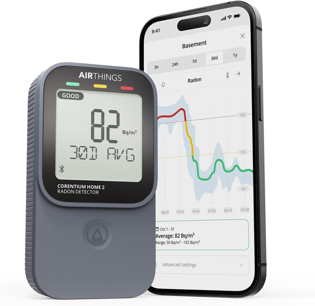 Airthings 325 Corentium Home 2 Smart Digital Radon Detector - Portable and Easy-to-use Radon Testing with Bluetooth connectivity and Humidity & Temperature Sensors