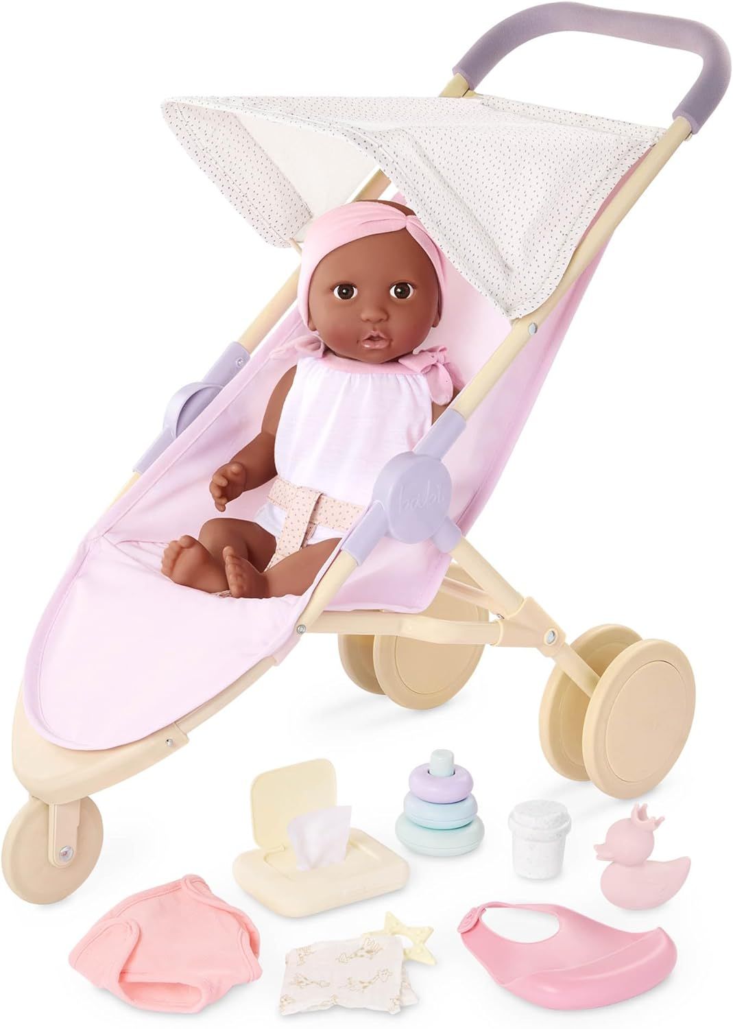 LullaBaby – 14-Inch Realistic Baby Doll Diaper & Care Accessories Bundle Brown Eyes & Soft Body - Pretend Play 2+ Years - Baby Doll & Jogging Stroller Set