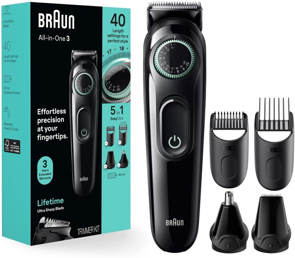 Braun All-in-One Style Kit Series 3 3450, 5-in-1 Trimmer for Men with Beard Trimmer, Ear & Nose Trimmer, Hair Clippers & More, Ultra-Sharp Blade, 40 Length Settings and Washable