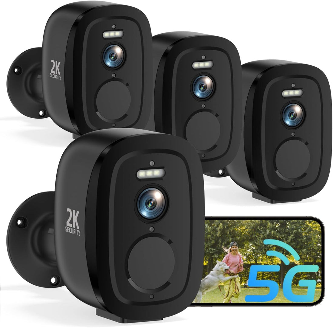 4PCs 2.4G-5G WiFi Security Camera Wireless Outdoor, 2K Battery Powered Cameras for Home Security with AI Detection, Color Night Vision, Siren, IP66, 2-Way Talk, SD/Cloud, Works Alexa&Google Assistant