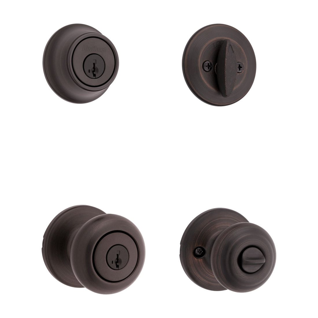 Kwikset Cove Venetian Bronze Exterior Single-Cylinder Deadbolt and Keyed Entry Door Knob Combo Pack ft. SmartKey Security