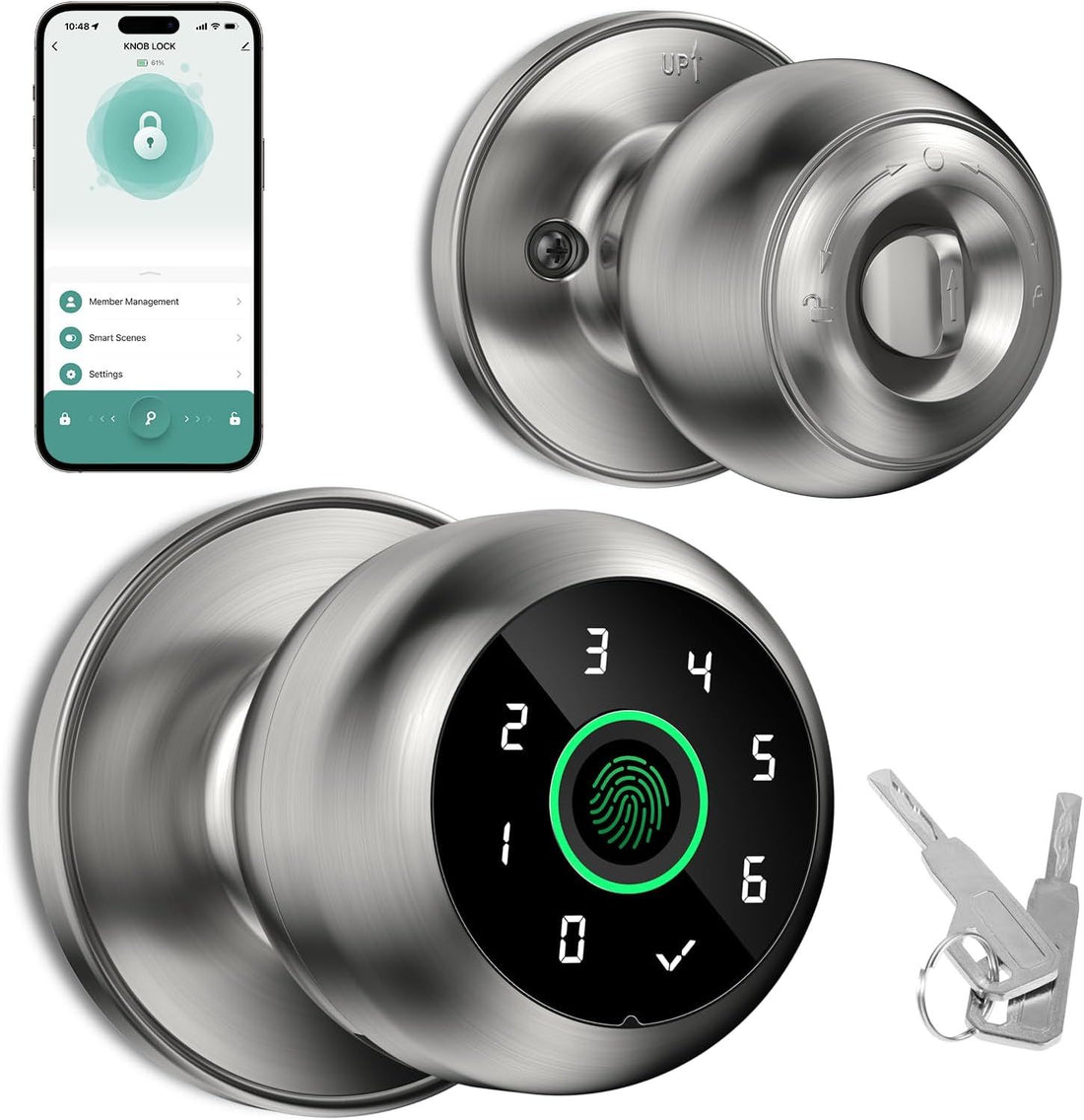 Smart Door Knob with Keypad, Smart Door Lock Fingerprint Door Lock with Keypad, App Control, Suitable Door Lock for Bedroom,Cloakroom,Apartments Offices,Hotels (Satin Nickel)