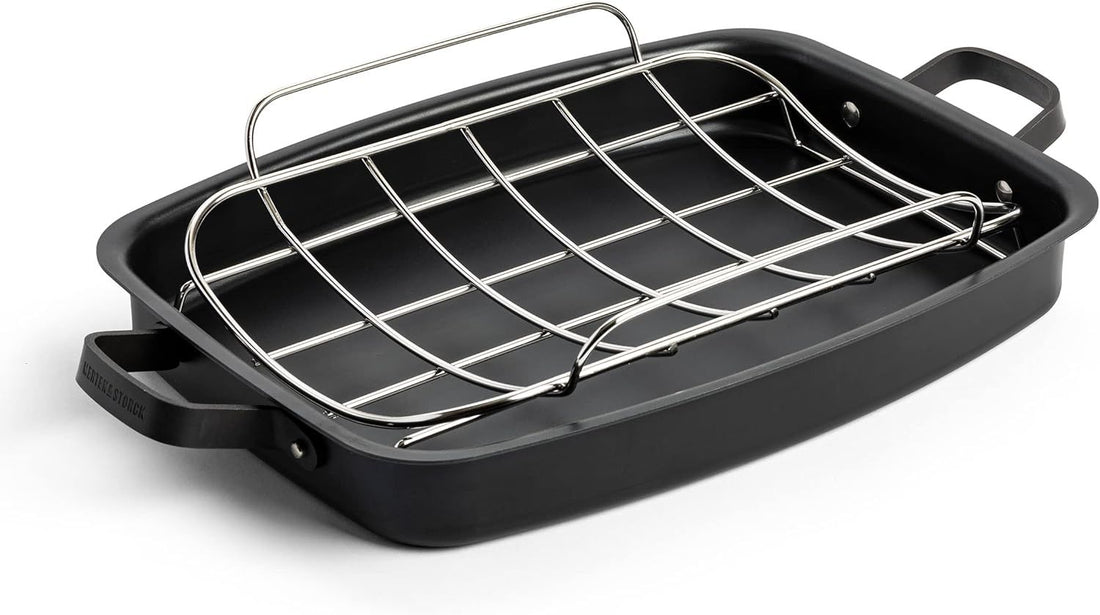 Merten & Storck Pre-Seasoned Carbon Steel Induction 15 x 11.5 Roasting Pan with Stainless Steel Roaster Rack, Oven Safe, Black