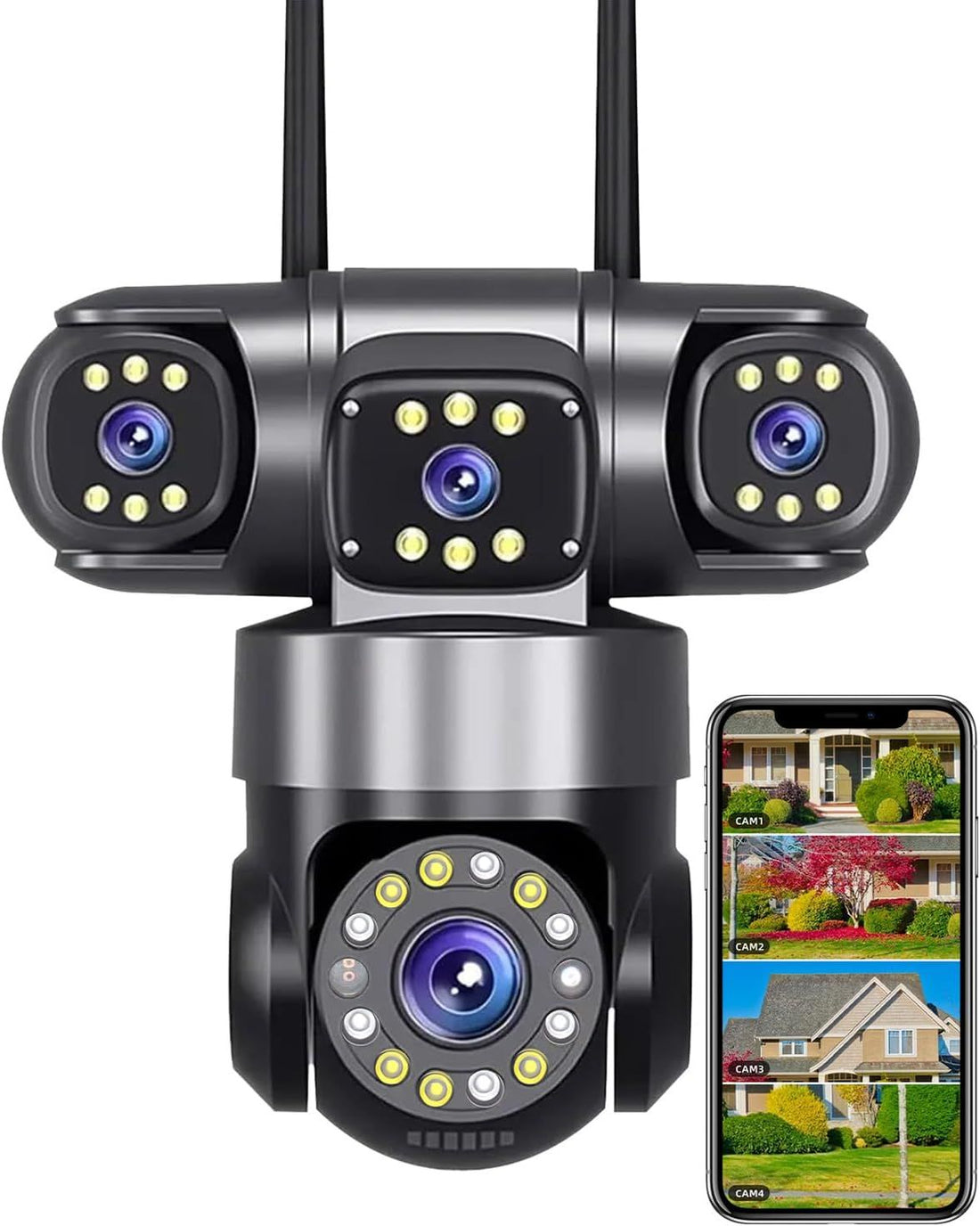 4-Lens Security Cameras Wireless Outdoor & Indoor, 8MP HD Image, 360° PTZ Coverage, WiFi App Remote, 2-Way Audio, Full Color Night Vision, AI Motion Detecting & Tracking