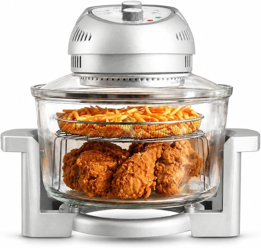 Big Boss 16Qt Extra Large Glass Air Fryer Non Toxic – Family Sized 4 in 1 Cooker with 3 Cooking Sections, Stainless Steel Racks for French Fries, Chicken, No Preheat, Self Cleaning, Dishwasher Safe