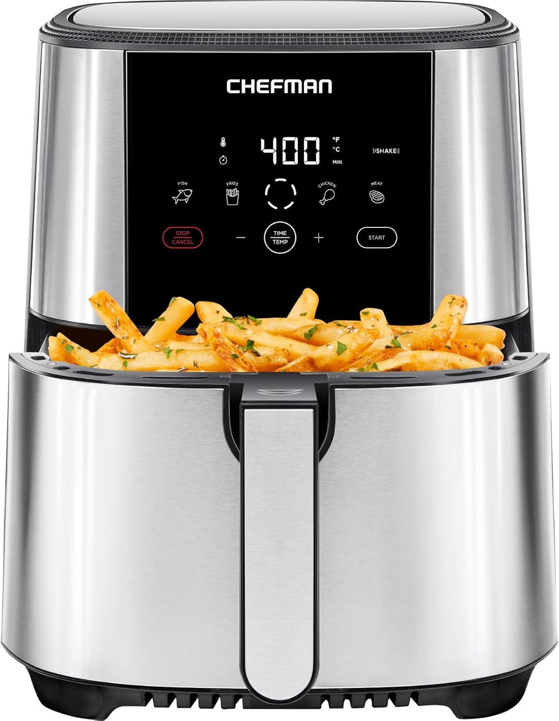 Chefman TurboFry Touch Air Fryer, 5Qt (4.75L) Family Size, One Touch Digital Control Presets, French Fries, Chicken, Meat, Fish, Nonstick Dishwasher-Safe Parts, Automatic Shutoff, Stainless Steel