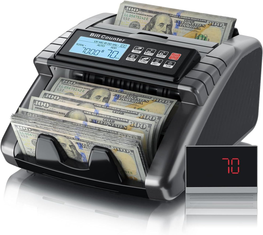LOLARAN AL1000 Money Counter Machine with Value Counting for USD & EUR, UV/MG/MT/IR/DD/HLF Counterfeit Detection, LCD Display, Count/ADD/Batch/AUTO/Manual Modes, 1,300 Notes/Min