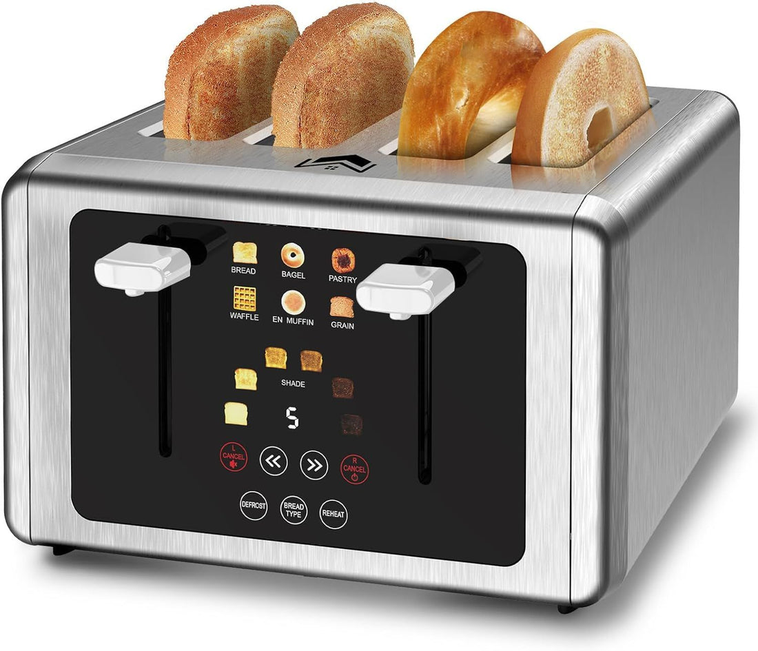 4 Slice Toaster, Touchscreen & Dual Independent Control Panel,5 Basic Functions & Digital Countdown Toasters, 6 Shade Settings&6 Bread Types, Smart Bread Maker Mute/Screen-Off,Brushed steel