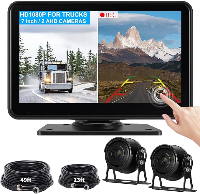 AHD1080P Wired Backup Camera System, 7 Touch Screen Monitor with Split Modes, 2 Reverse Rear View Cameras with IR NightVision, IP68 Waterproof, Anti-Vibration for RV/Truck/Trailer/Tractor/Skid Steer