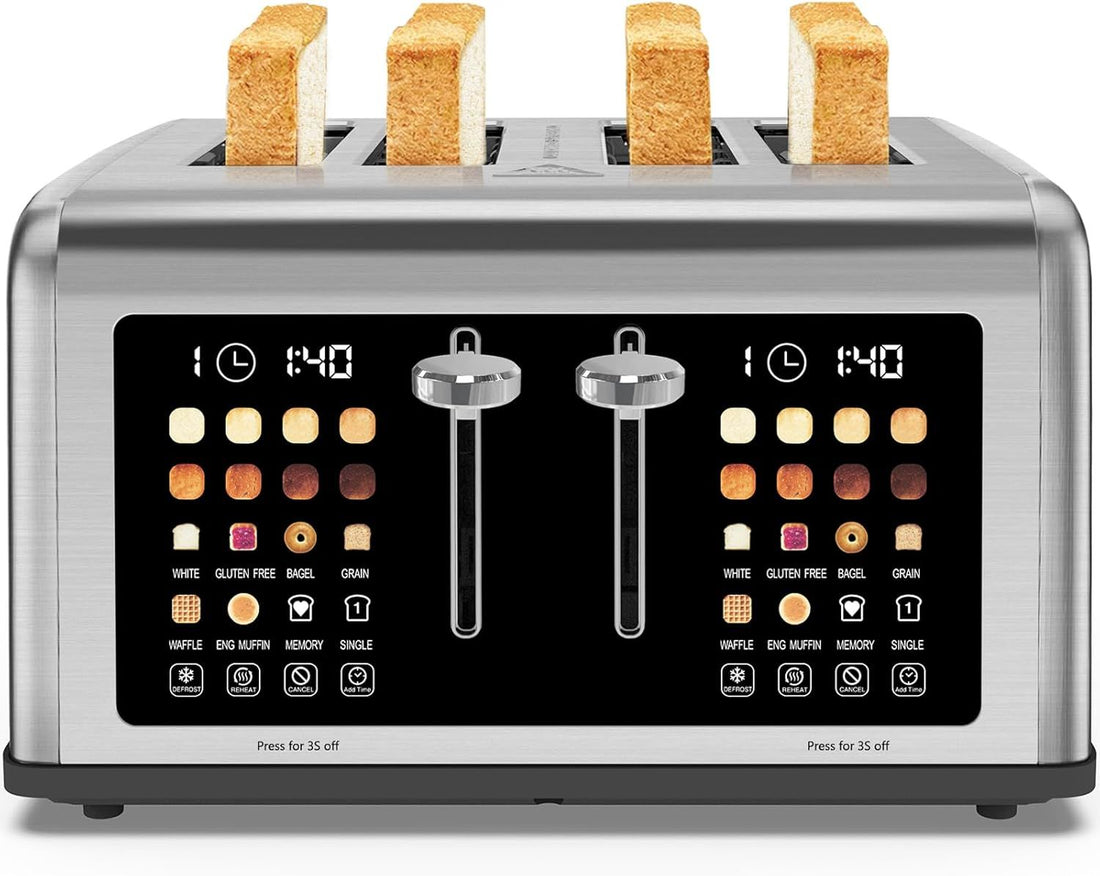 4 Slice Toaster Touch Screen, Stainless Steel Toasters Digital Timer, Dual Control Panel Toasters, 8 Shade Settings 6 Bread Types for Bagel, Cancel, Defrost 1650W Stainless Steel