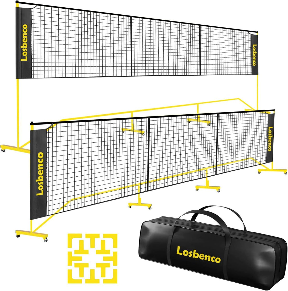 Losbenco Portable Pickleball Net with Wheels - 6-in-1 Adjustable Height Metal Frame Mesh, Standard Size 22FT, Pickleball, Tennis, Volleyball, Football Backyard Outdoor Game Net for Adults and Kids