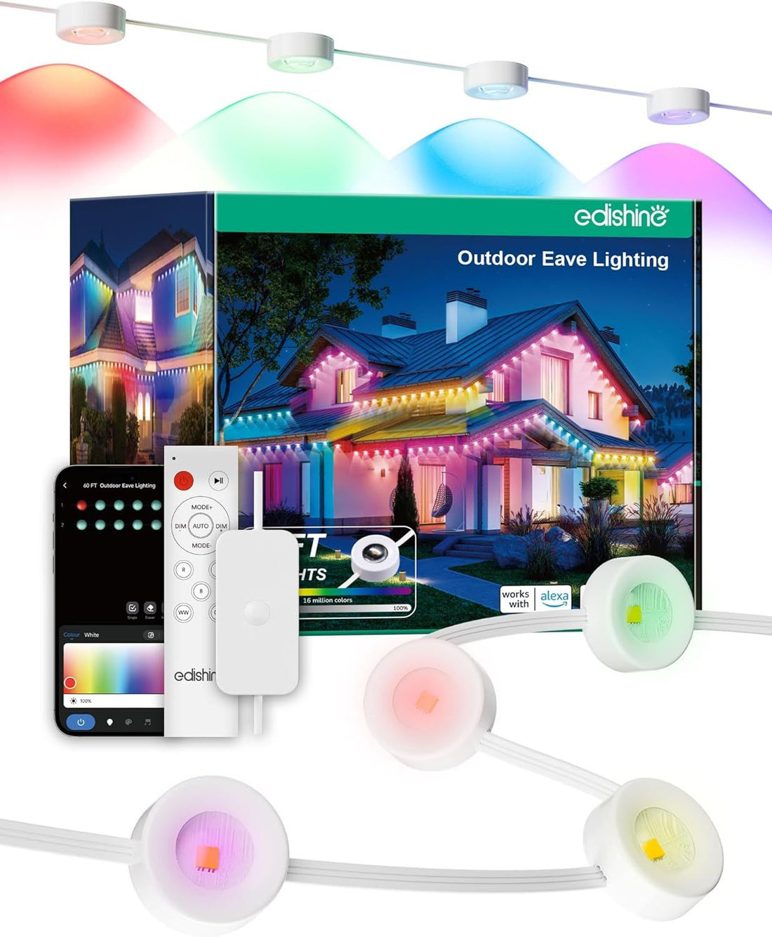 EDISHINE 60ft Permanent Outdoor Halloween Lights for House, 40 LED Eave Light with App/Remote, Work with Alexa Google Assistant, IP67 Smart RGBW+Warm/Cool White Holiday Light with 50Scene Modes