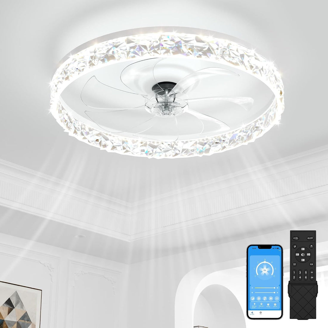 VOLISUN Low Profile Ceiling Fan with Lights and Remote, 20in Bladeless Ceiling Fan Light, 3000K-6500K Dimmable Modern Ceilings Fans Flush Mount, White Fandelier Ceilings Fans with Lights for Bedroom