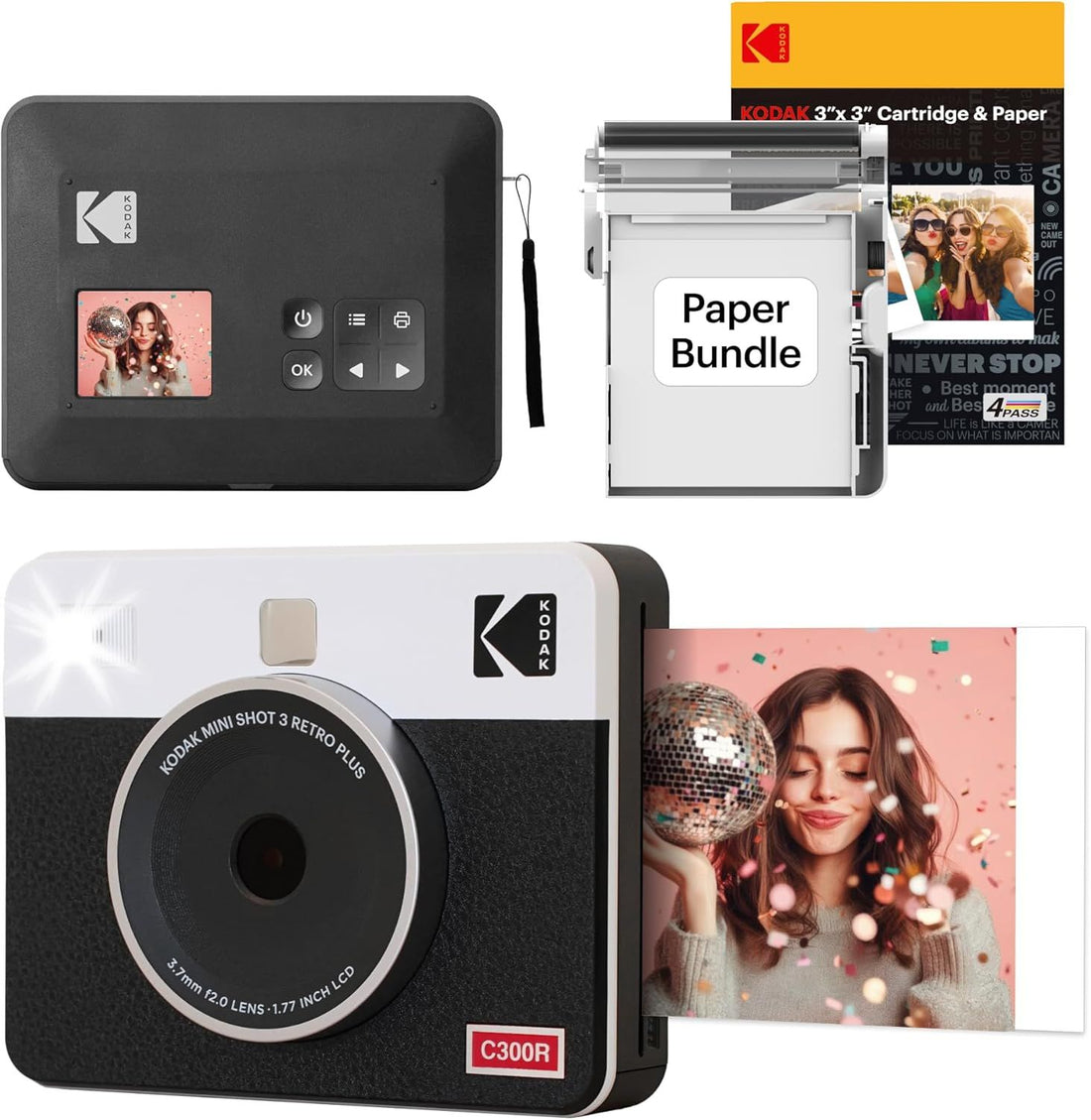 KODAK Mini Shot 3 Retro 4PASS 2-in-1 Instant Camera and Photo Printer (3x3 inches) + 38 Sheets Bundle (8 Initial Sheets + 30 Sheets Pack), White