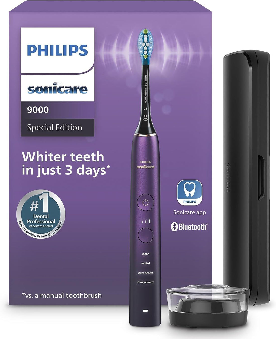 Philips Sonicare DiamondClean 9000 Electric Toothbrush - Sonic Toothbrush with App, Pressure Sensor, 12 Brushing Settings, Replacement Reminder, Charging Stand, Travel Case, Amethyst, HX9911/91