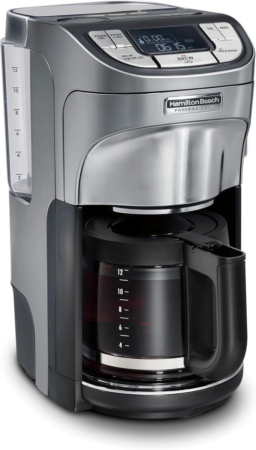 Hamilton Beach Professional Programmable Drip Coffee Maker, 12 Cup Capacity Ergonomic Carafe, 60oz Removable Reservoir,120 volts, Brushed Metal (49500)