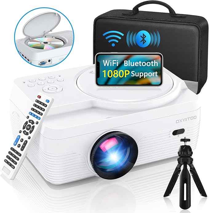 Full HD WiFi Bluetooth Projector Built in DVD Player, 12000LM 1080P Supported, Portable Mini DVD Projector for Outdoor Movies, 250 Home Theater, Compatible with iOS/Android/TV Stick/PS4/HDMI/USB/TF
