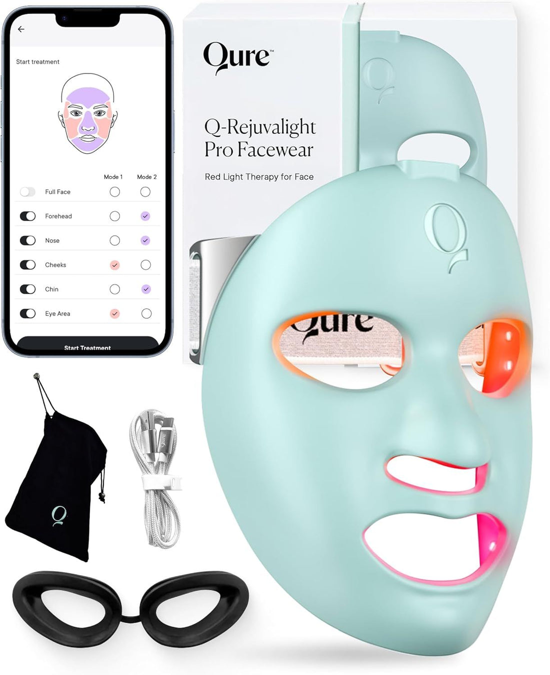 Qure LED Light Therapy Mask: 3 Modes, Customizable 5 Facial Areas & 5 Lights: Red, Deep-Red, Blue, Amber & Infrared, 3-Min Daily, Eye-Protection, Smart App