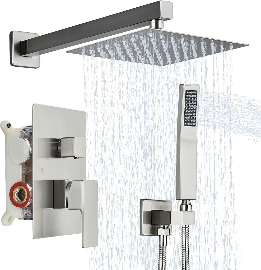Shower Faucet Set Rain Shower System with Handheld Spray Bathroom Shower Faucet Set Complete, 8 Inches Rainfall Shower Head with Handheld and Brass Valve, Brushed Nickel Wall Mount Shower Set