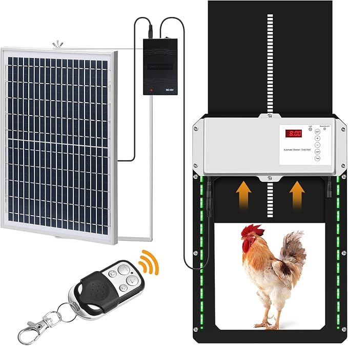 Solar Powered Chicken Coop Door, Automatic Chicken Coop Door with Light Sensor, Timer and Remote Control, Full Aluminum Chicken Door Opener, Predator Resistant Self-Locking Gears, for Home Farms