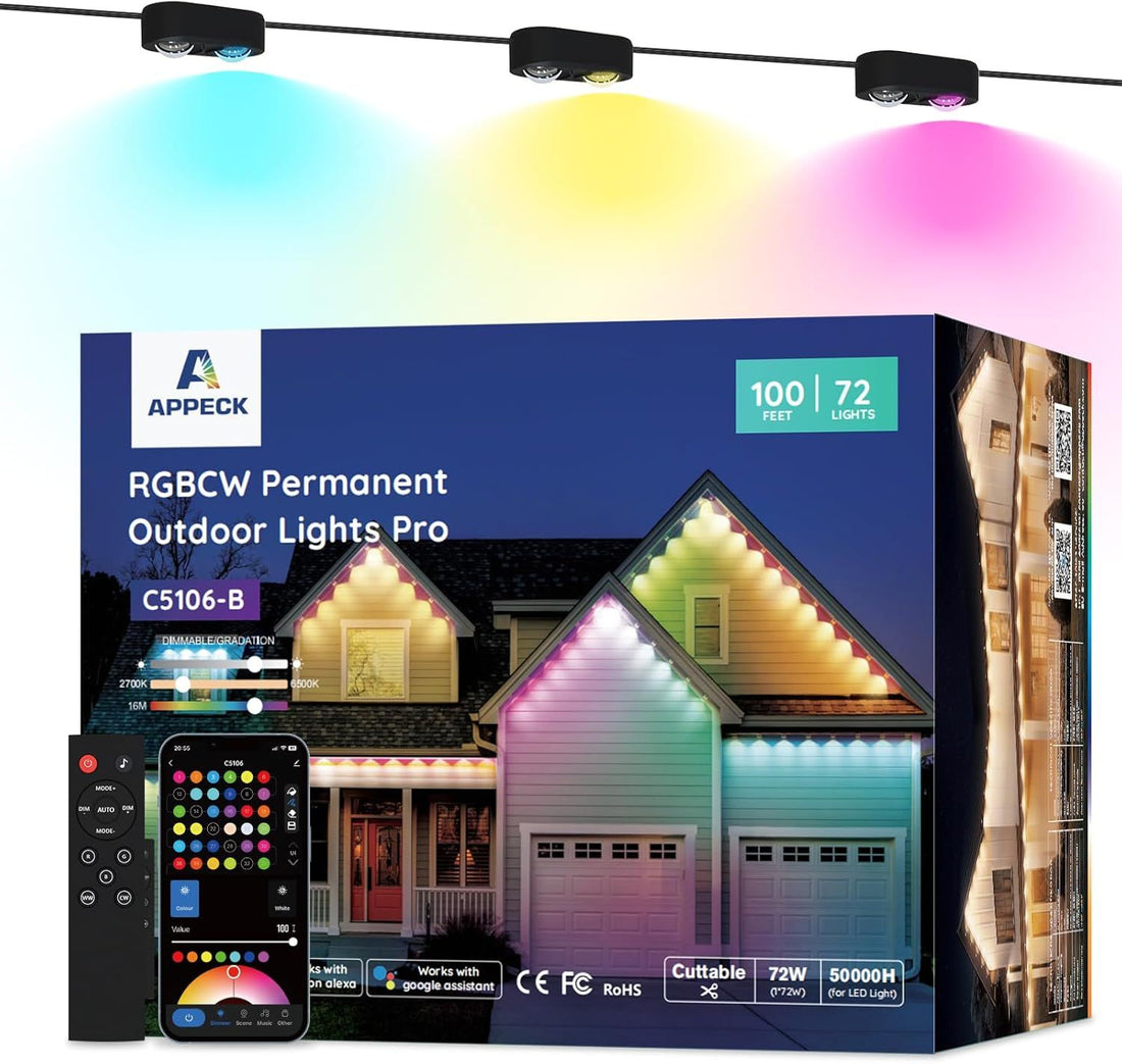APPECK Permanent Outdoor Lights Pro 100ft, 72W RGBCW Eaves Lights with 72 LED Lights, 80lm, Cuttable, 111 Scene Modes, IP67 Waterproof Lighting for Halloween Decoration, Compatible with Alexa, Black
