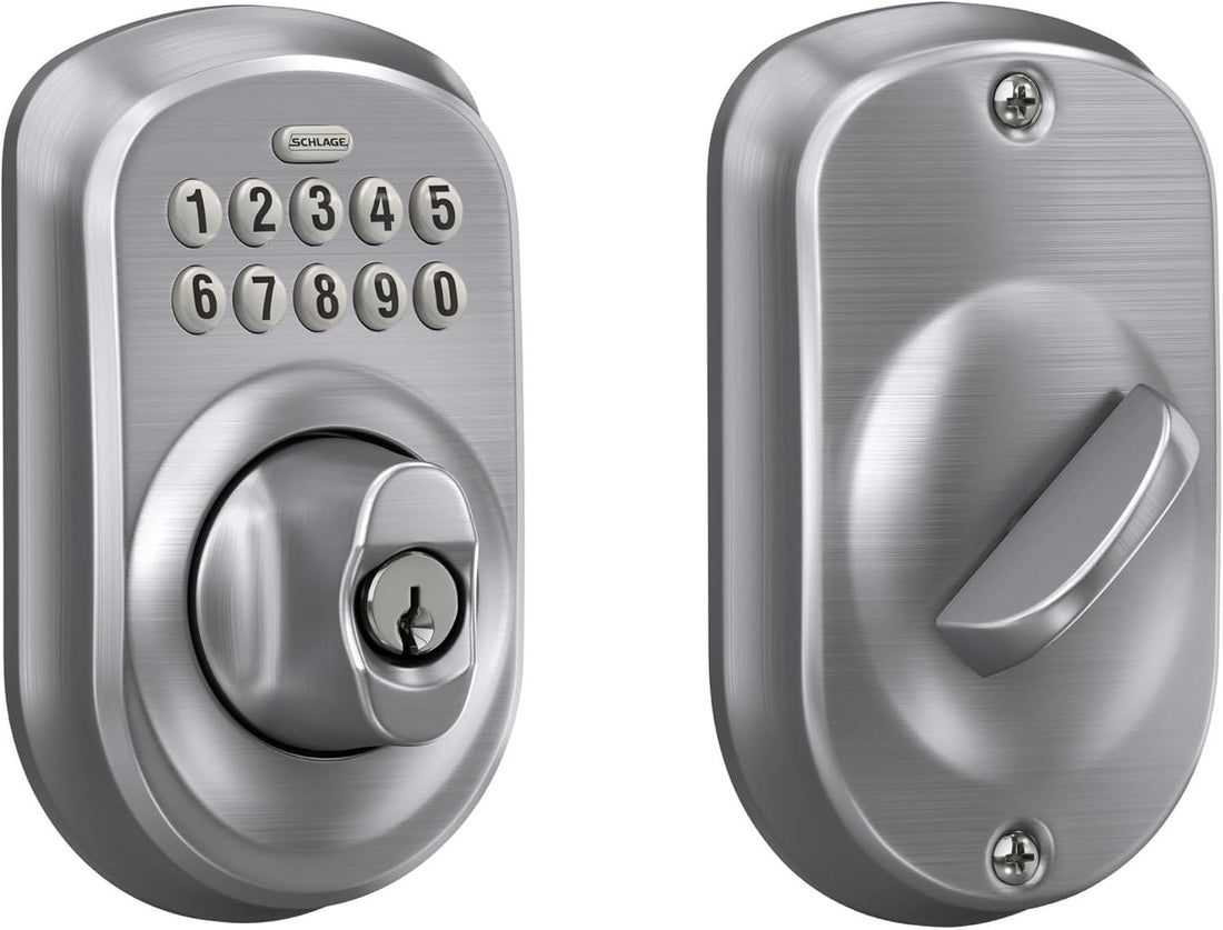 Schlage Plymouth Electronic Keypad Deadbolt Lock, Keyless Front Door Entry, Mechanical Key Backup Included, Satin Chrome, BE365 PLY 626