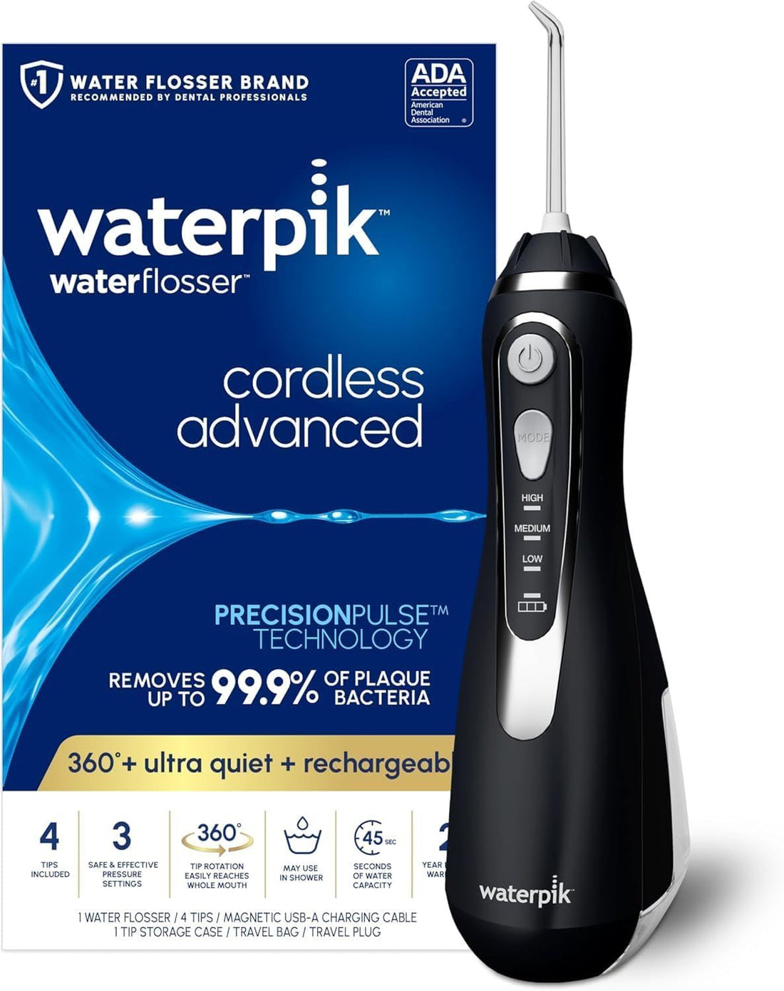 Waterpik Cordless Advanced 2.0 Water Flosser for Teeth, Gums, Braces, Dental Care with Travel Bag and 4 Tips, CDA Validated, Waterproof Rechargeable Handheld, White (1 Count) Packaging May Vary