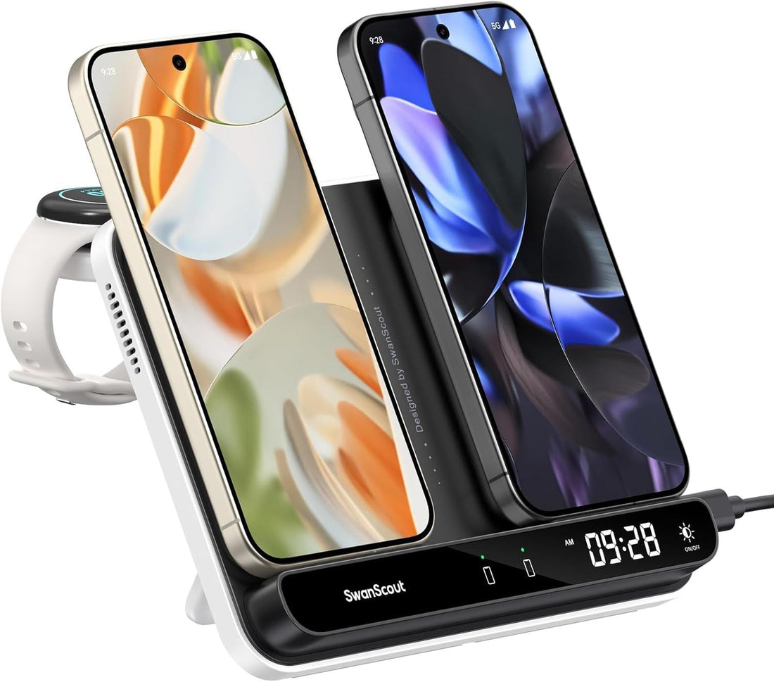 Dual Wireless Charger for Google Pixel 10/10 Pro/10 Pro XL/10 Pro Fold/9a/9 Pro/9/8/7 (Not for 9 Pro Fold), for Pixel Watch 3/2/Fitbit Versa 4/3/Sense 2/1 (Not for Pixel Watch 4/1), SwanScout 710G2