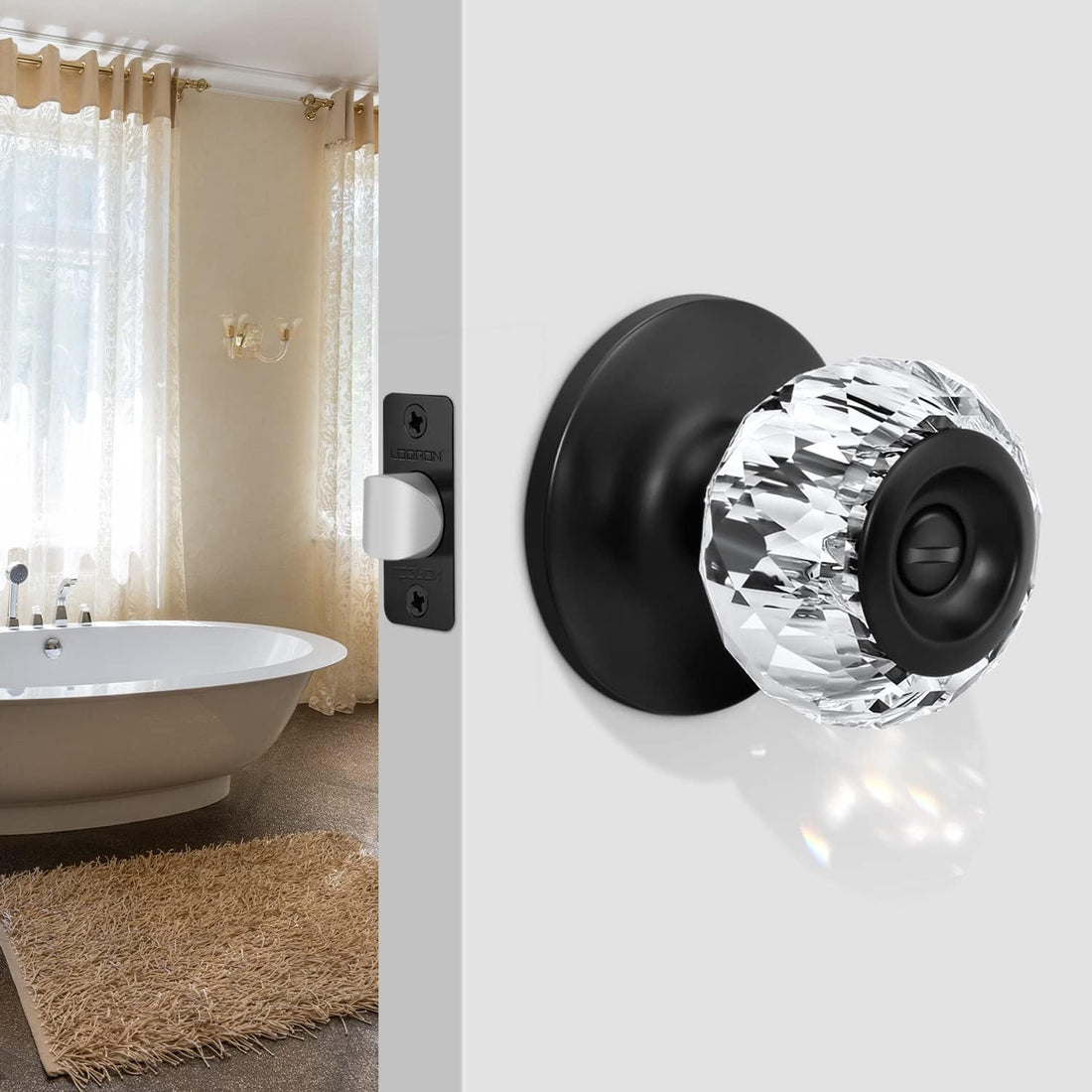 Crystal Interior Door Knobs, Glass Door Knobs with Privacy Lock, Clear Classic Interior Glass Door Knobs for Hall Bedroom Bathroom Closet – Matte Black, 1 Pack