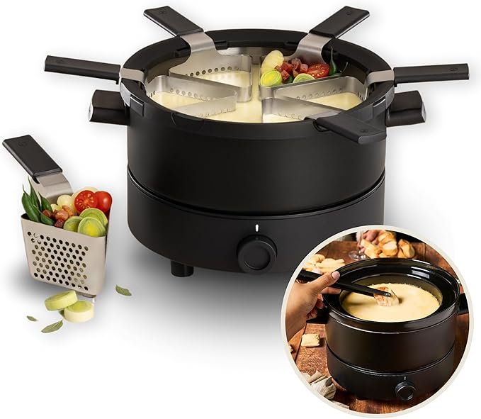 Fondussimo Evolution 3-in-1, Electric Fondue Set for Broth, Cheese & Chocolate. Fondue Pot with Ceramic Double-Boil Bowl, Heat-Resistant Base, Temperature Control, 6 Perforated Baskets &Tongs.