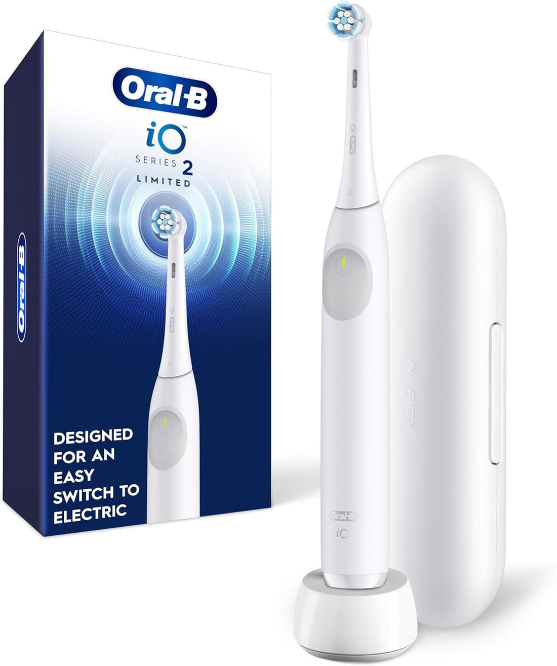 Oral-B iO Series 2 Limited Rechargeable Electric Powered Toothbrush, Pure White with 1 Gentle Care Brush Head and 1 Black Travel Case - Automatic Pressure Sensor to Protect Gums - 3 Modes - 2 Min Timer